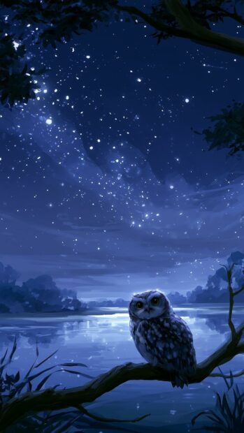 Cute Aesthetic Wallpapers featuring a cute owl perched on a branch under a brilliant starry night sky above a calm lake