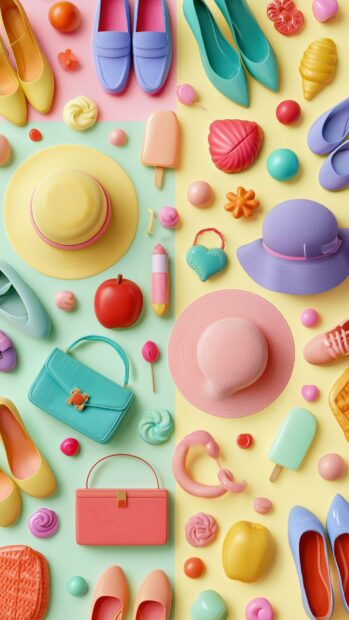 A vibrant cute aesthetic wallpaper displaying a flat lay arrangement of pastel fashion accessories and sweets, creating a colorful and playful pattern