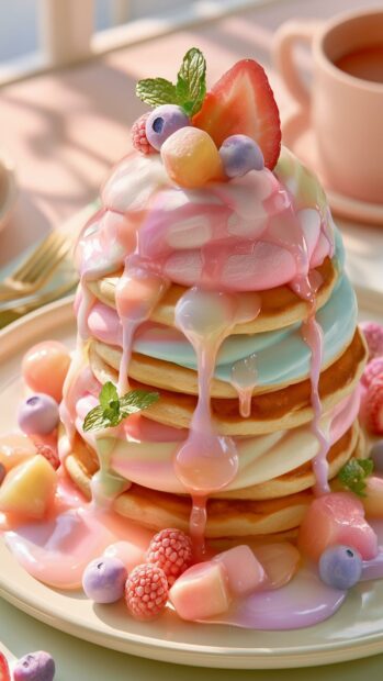 A stack of fluffy pancakes with pastel frosting and fresh fruit creates a delightful cute aesthetic wallpaper