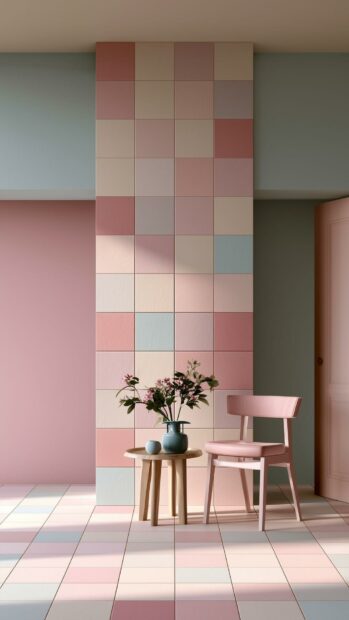 Cute Aesthetic Wallpapers showing a pastel pink and blue minimalist room interior with a tiny chair and flowers