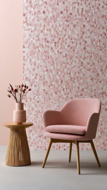 Cute Aesthetic Wallpapers depicting a pink armchair and wooden side table against a wall with pink mosaic patterns