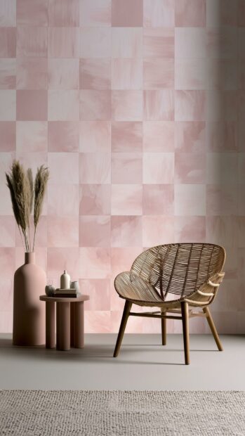 Cute Aesthetic Wallpapers showing a minimalist room interior with a pink checkered wall and a rattan chair