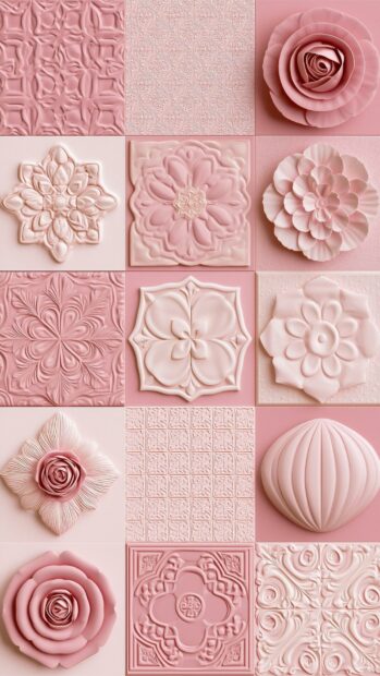Cute Aesthetic Wallpapers displaying a grid of pink embossed floral and geometric patterns with various textures