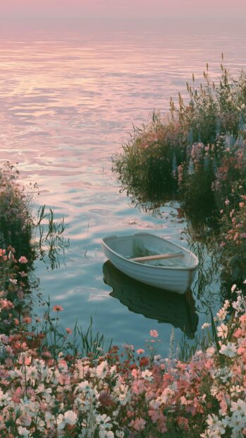 Cute Aesthetic Wallpapers showing a serene pink lake with a small white boat surrounded by delicate pastel flowers at sunset