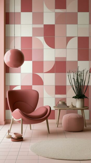 Cute Aesthetic Wallpapers showcasing a modern pink interior with a stylish armchair, geometric tiled wall, and round rug