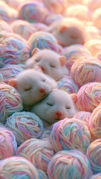 Adorable baby hamsters sleeping peacefully amidst pastel yarn balls, perfect for a cute aesthetic wallpaper