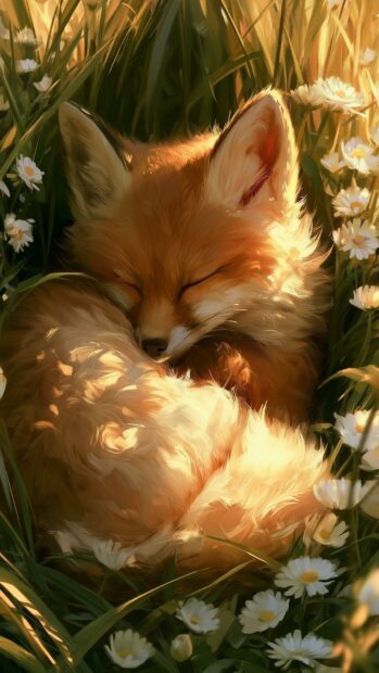 An adorable cute aesthetic wallpaper featuring a fluffy sleeping fox curled up peacefully amidst white daisies bathed in warm golden sunlight