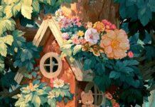 A charming cute aesthetic wallpaper depicting a whimsical treehouse adorned with colorful flowers and cute animal characters like a bear and a bunny