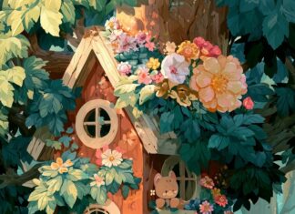 A charming cute aesthetic wallpaper depicting a whimsical treehouse adorned with colorful flowers and cute animal characters like a bear and a bunny