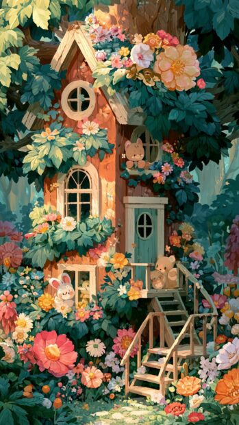 A charming cute aesthetic wallpaper depicting a whimsical treehouse adorned with colorful flowers and cute animal characters like a bear and a bunny