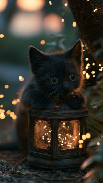 Cute Cat Wallpaper featuring a fluffy black kitten sitting beside an old lantern glowing with magical fairy lights in a dark, enchanting setting