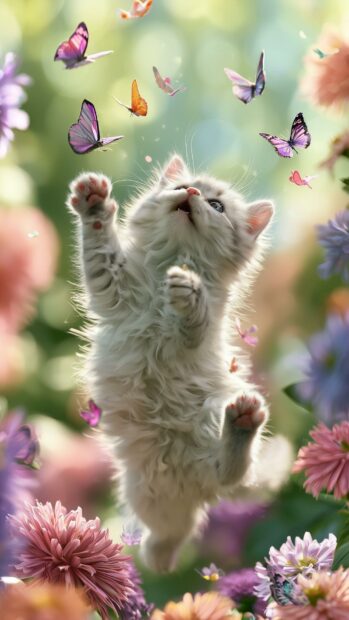 Cute Cat Wallpaper showcasing a fluffy white kitten reaching up amidst colorful butterflies and vibrant flowers in a bright garden