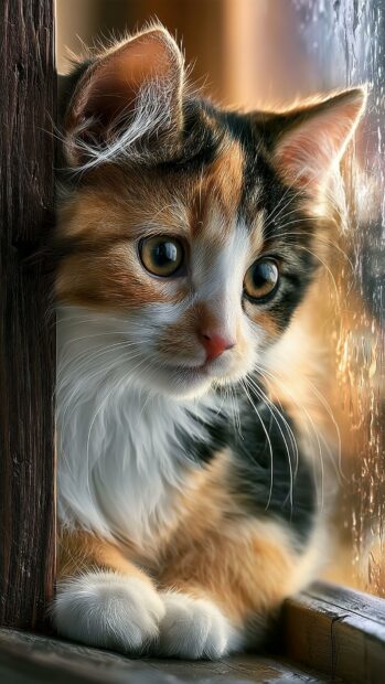 A cute cat wallpaper showing a calico kitten with orange, black, and white fur looking out a window with raindrops