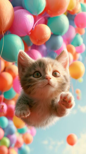 Cute Cat Wallpaper featuring a fluffy kitten floating playfully among numerous colorful balloons against a bright blue sky