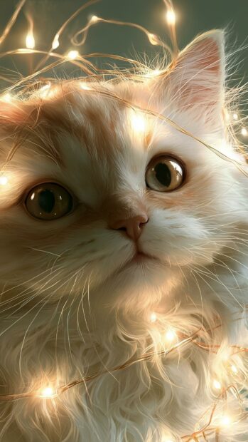 A cute cat wallpaper featuring a fluffy orange and white cat looking directly at the camera, adorned with warm fairy lights