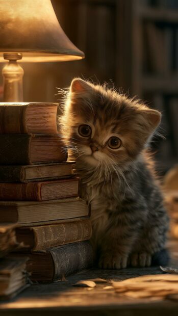 A cute cat wallpaper featuring a fluffy kitten with big eyes sitting beside a stack of old books under a warm lamp light