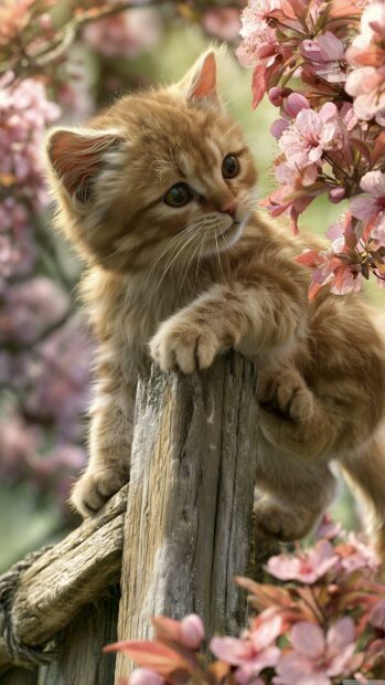 A cute cat wallpaper featuring a fluffy ginger kitten climbing a wooden fence post surrounded by soft pink cherry blossoms