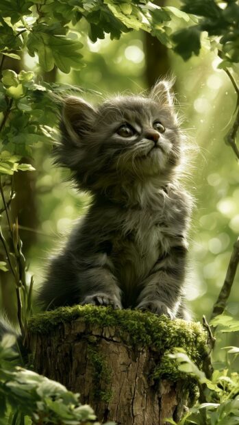 A cute cat wallpaper featuring a fluffy grey kitten sitting on a mossy tree stump in a sun-dappled green forest