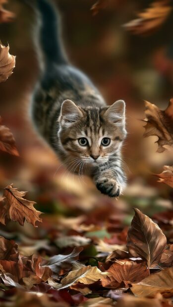 A cute cat wallpaper featuring a tiny tabby kitten walking through a vibrant pile of fallen autumn leaves