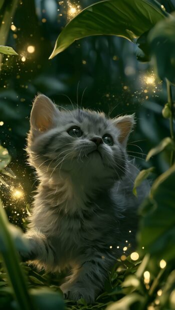 Cute Cat Wallpaper depicting a small gray kitten peeking through lush green leaves with sparkling fairy lights in a magical forest setting