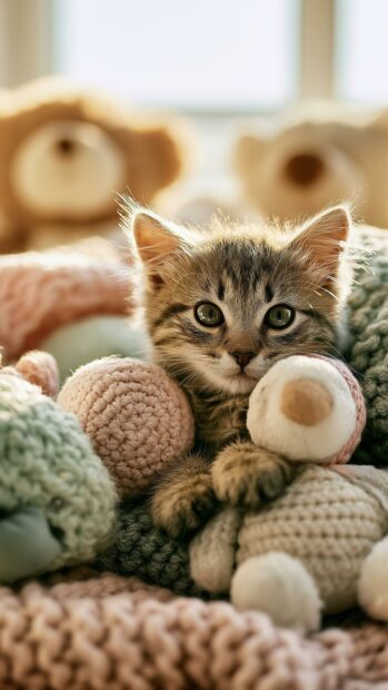 A cute cat wallpaper featuring an adorable tabby kitten nestled among soft knitted blankets and toys