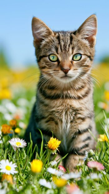 A cute cat wallpaper featuring a tiny tabby kitten with green eyes sitting in a vibrant field of colorful wildflowers under a clear blue sky