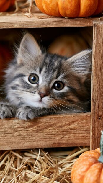 A cute cat wallpaper featuring a grey tabby kitten peeking out from a wooden crate, surrounded by hay and small pumpkins