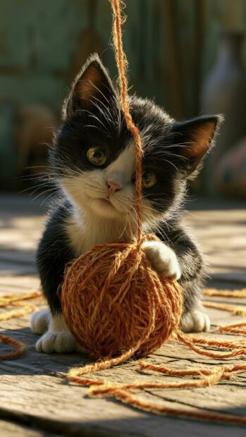 A cute cat wallpaper featuring an adorable black and white kitten playfully batting at an orange ball of yarn
