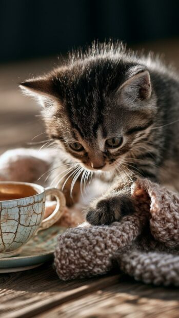 A cute cat wallpaper featuring a tabby kitten looking at a vintage teacup and a knitted blanket on a wooden surface