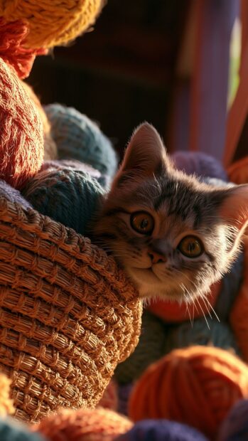A cute cat wallpaper featuring a tiny tabby kitten peeking out from a woven basket filled with colorful balls of yarn