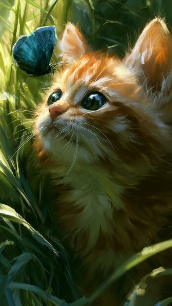 A cute cat wallpaper showing an orange kitten with green eyes looking up at a blue butterfly in tall green grass, with a painterly style