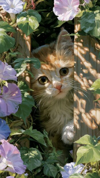 A cute cat wallpaper featuring an adorable orange kitten peeking curiously through a wooden fence adorned with purple morning glory flowers
