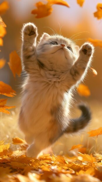 Cute Cat Wallpaper showing a playful kitten with paws raised, surrounded by golden autumn leaves in warm lighting