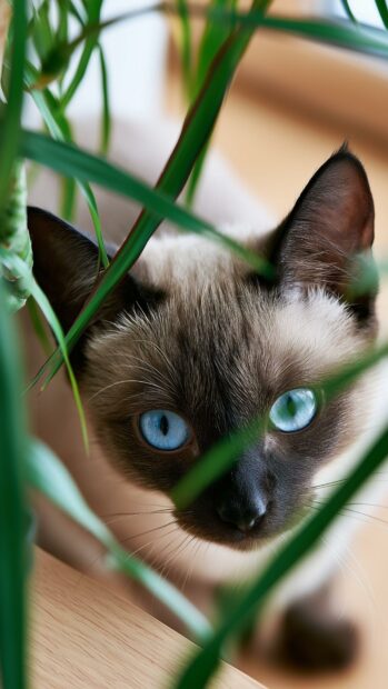 A cute cat wallpaper showing a beautiful Siamese cat with striking blue eyes peeking through green plant leaves