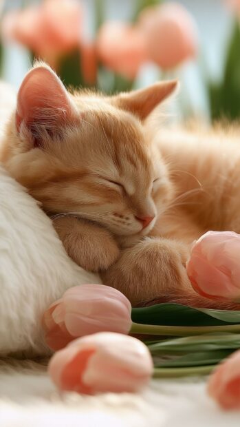 A cute cat wallpaper showing a light orange kitten sleeping curled up on a white fluffy surface next to soft pink tulip buds