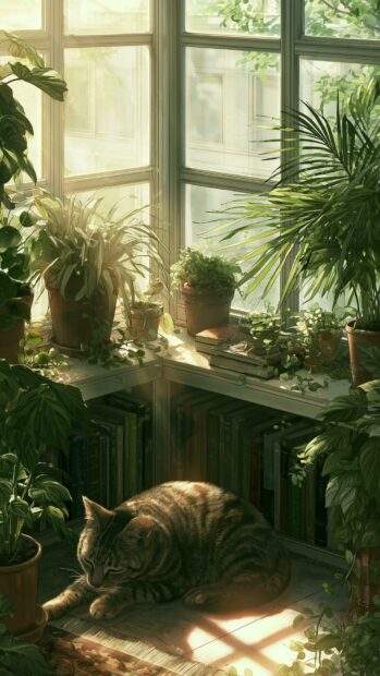 A cute cat wallpaper showing a tabby cat sleeping peacefully in a sunlit room filled with green plants and books