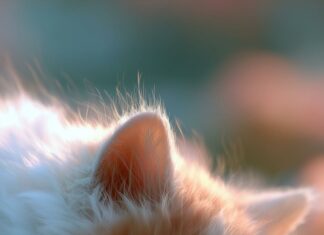 A cute cat wallpaper depicting a tiny, fluffy white and ginger kitten sleeping peacefully in a field of delicate white daisy flowers bathed in soft light