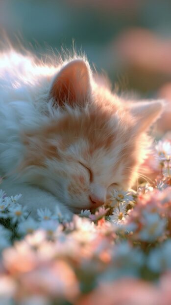 A cute cat wallpaper depicting a tiny, fluffy white and ginger kitten sleeping peacefully in a field of delicate white daisy flowers bathed in soft light