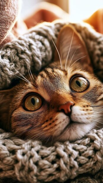 A cute cat wallpaper showing a close-up of a tabby cat snuggled comfortably in a soft, grey knitted blanket with big, expressive eyes