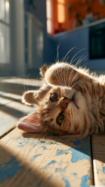 A cute cat wallpaper showing an orange tabby cat lying on its back on a worn wooden floor, enjoying bright sunlight indoors