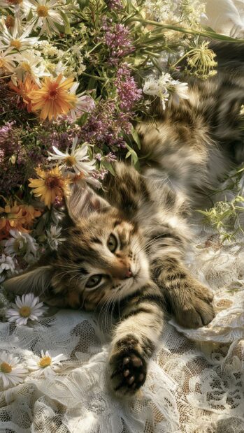 A cute cat wallpaper showing a tabby kitten lying on a white lace cloth amidst a vibrant assortment of wildflowers