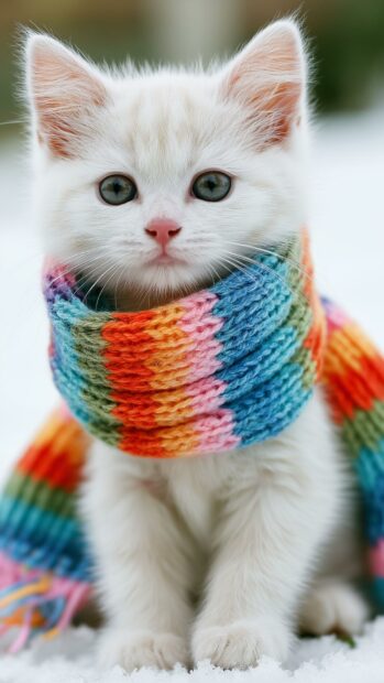 A cute cat wallpaper featuring a fluffy white kitten wearing a vibrant rainbow-striped scarf, sitting adorably in the snow