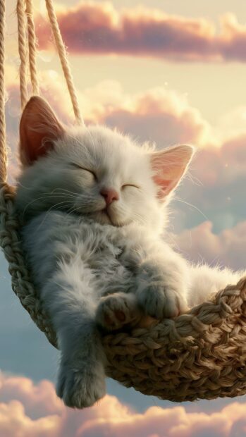 A cute cat wallpaper featuring a fluffy white kitten sleeping soundly in a woven hanging basket swing against a dreamy pink and orange sky
