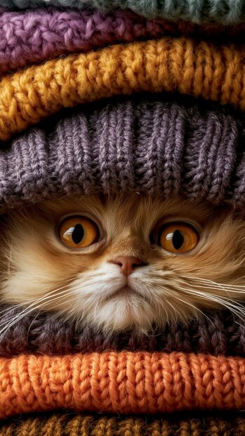 A cute cat wallpaper showing a cat's face with big orange eyes peeking out from colorful knitted blankets