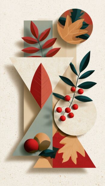 A cute fall wallpaper featuring an abstract geometric design with red leaves, berries, and autumn foliage