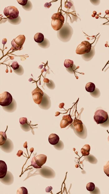 A cute fall wallpaper featuring a repeating pattern of acorns, small berries, and delicate branches on a light background
