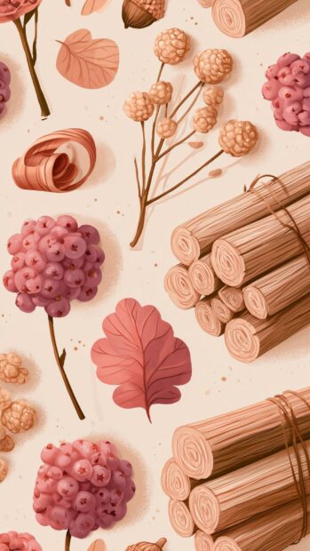 A cute fall wallpaper featuring a pattern of autumn acorns, pink berries, wood shavings, and bundled logs
