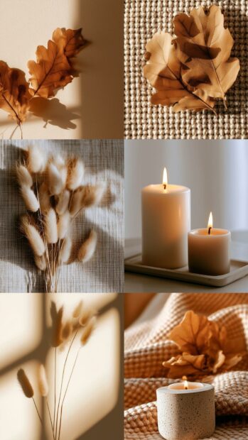 A cute fall wallpaper collage featuring aesthetic photos of dried leaves, lit candles, and pampas grass