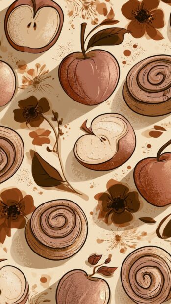 A cute fall wallpaper featuring a delicious pattern of apples, sliced apples, and cinnamon rolls with floral accents