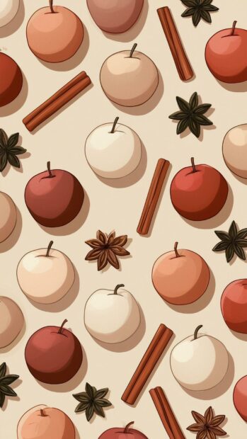A cute fall wallpaper featuring a pattern of stylized apples, cinnamon sticks, and star anise on a warm background
